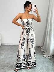 Printed Wide Leg Lace-Up Jumpsuit