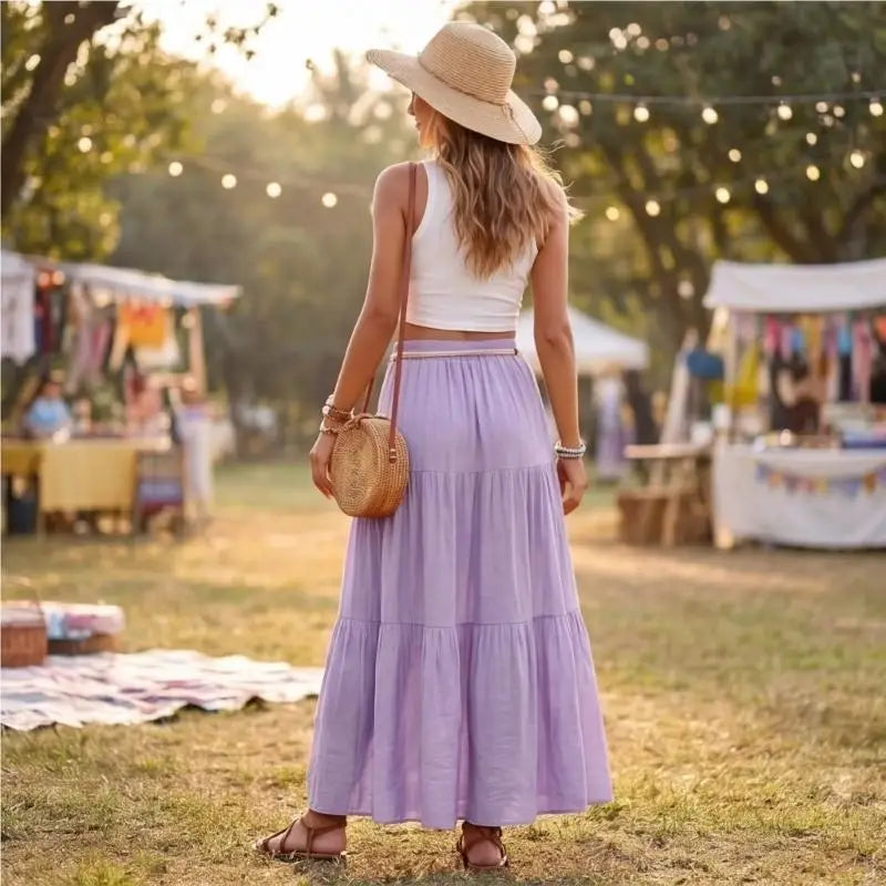Skirts for Women Linen Maxi Skirt Pleated Long Flowy Elastic Skirt Tiered Beach A-Line Skirts 6XDA