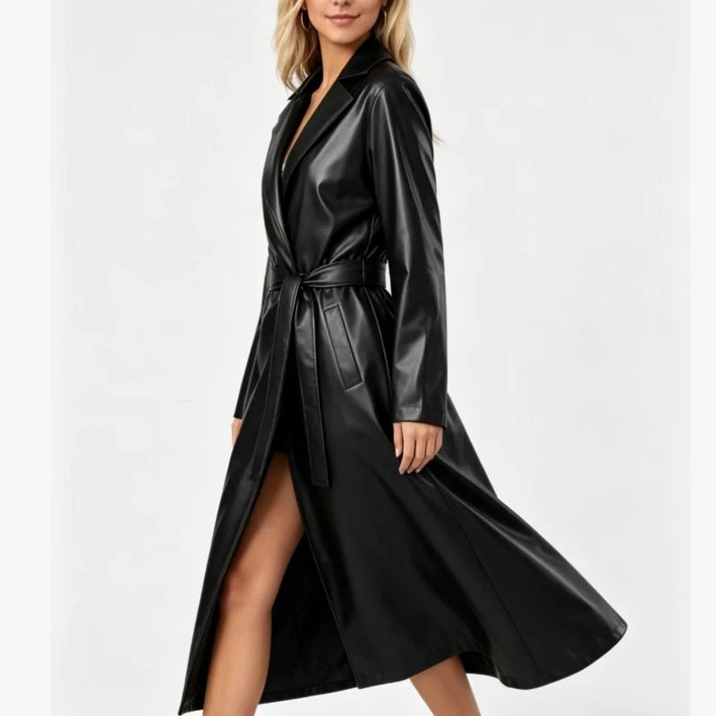 Fashion Turn Down Collar Pu Coat Work Street Wear Tight Waist Jacket Outerwear Women Mid Length Coats Faux Leather Jackets