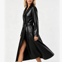 Fashion Turn Down Collar Pu Coat Work Street Wear Tight Waist Jacket Outerwear Women Mid Length Coats Faux Leather Jackets