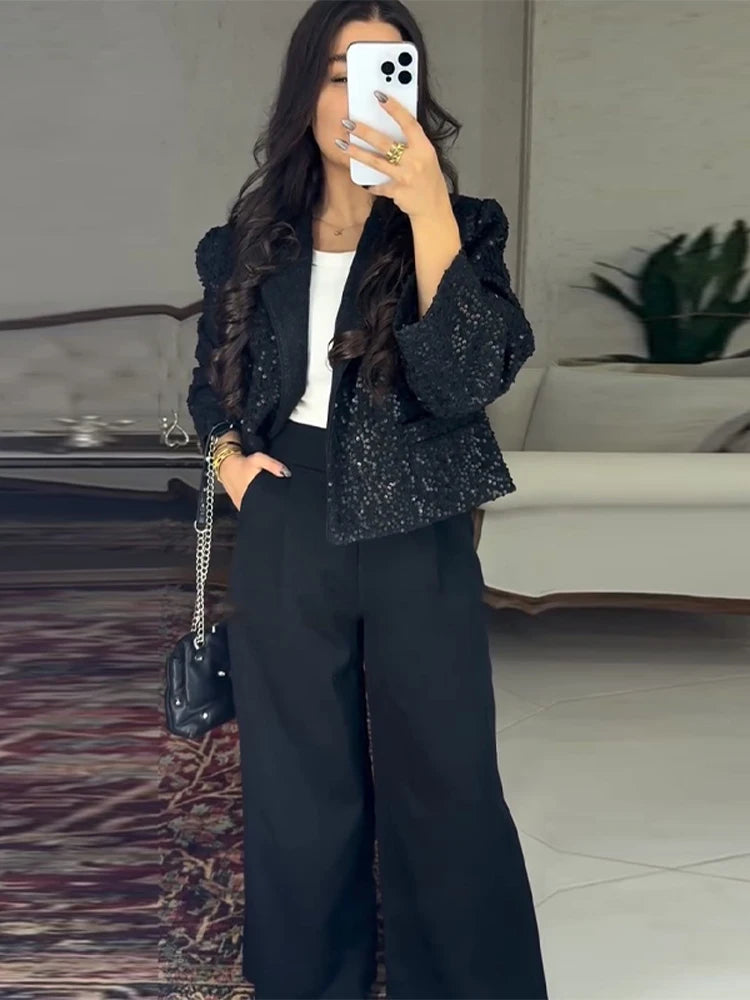 Elegant Cropped Sequin Blazer Jacket