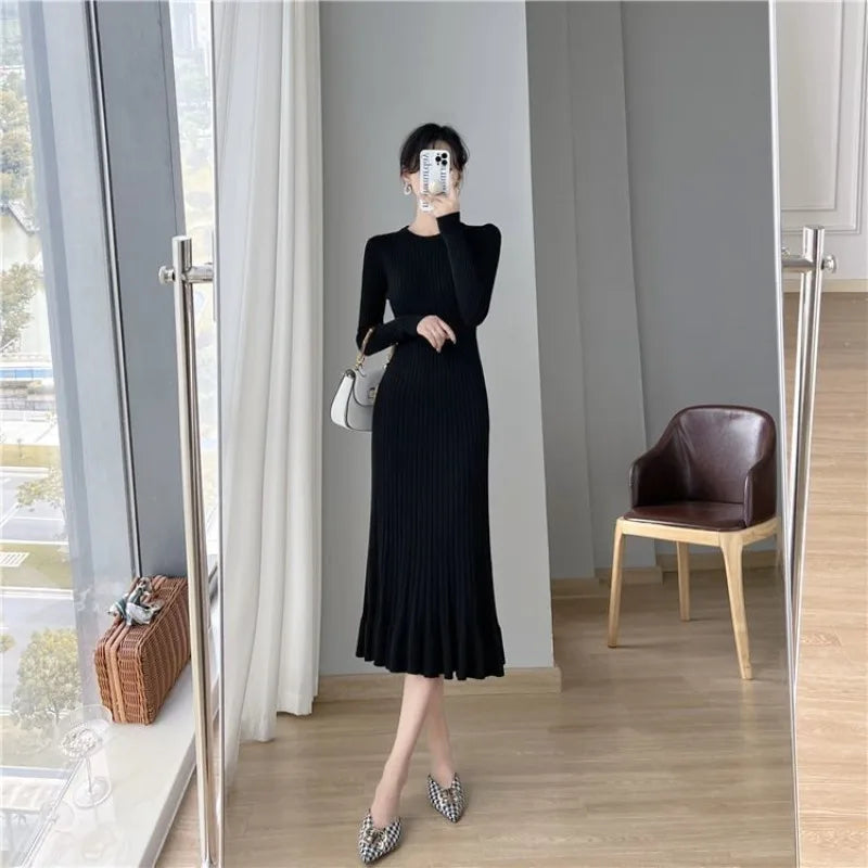 Elegant Knit Flounce Midi Dress
