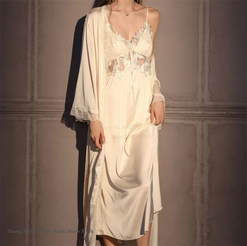 Elegant Female Long Robe Set Nightgown Silky Ice Silk Sleepwear Homewear SEXY Hollow Out Lace Nightdress Lingerie Loungewear