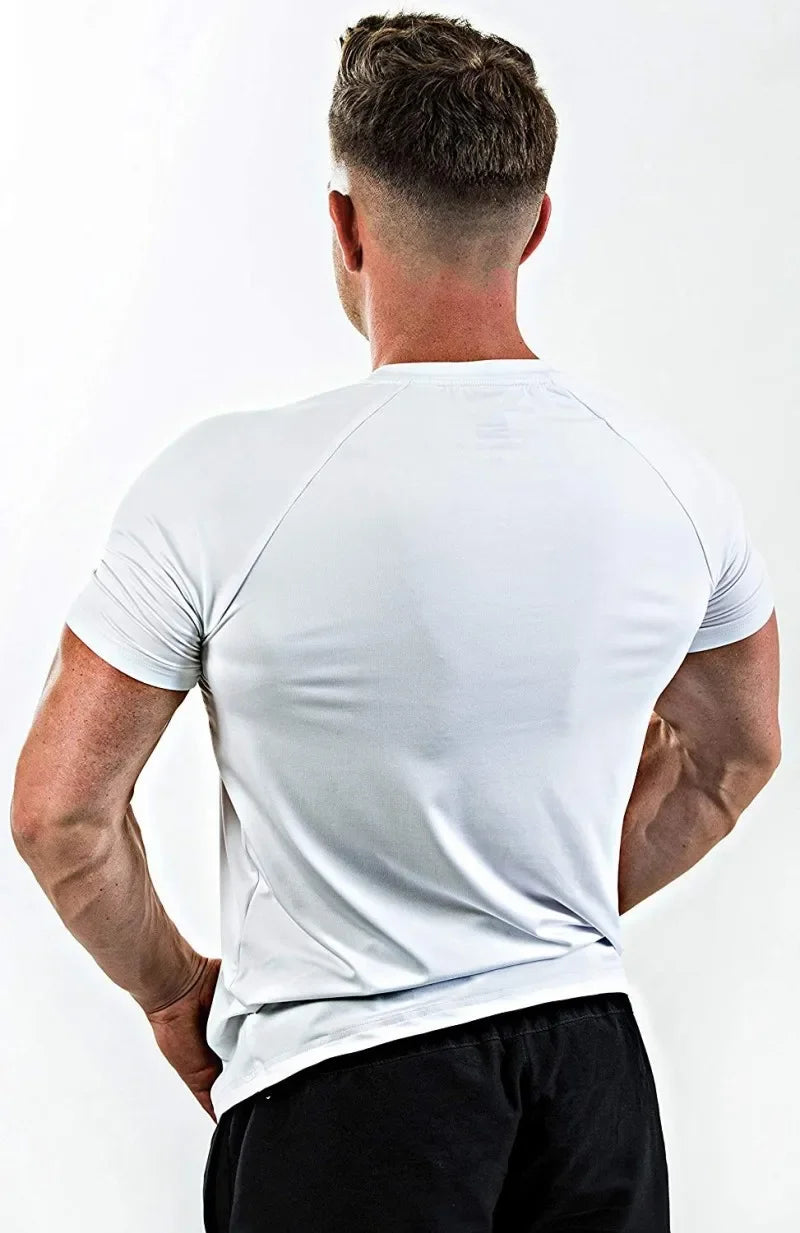 Summer Gym T-shirts Men's Solid Fitness Clothing O-neck Short Sleeve Tops Breathable Slim Bodybuilding Workout Muscle Tees Male