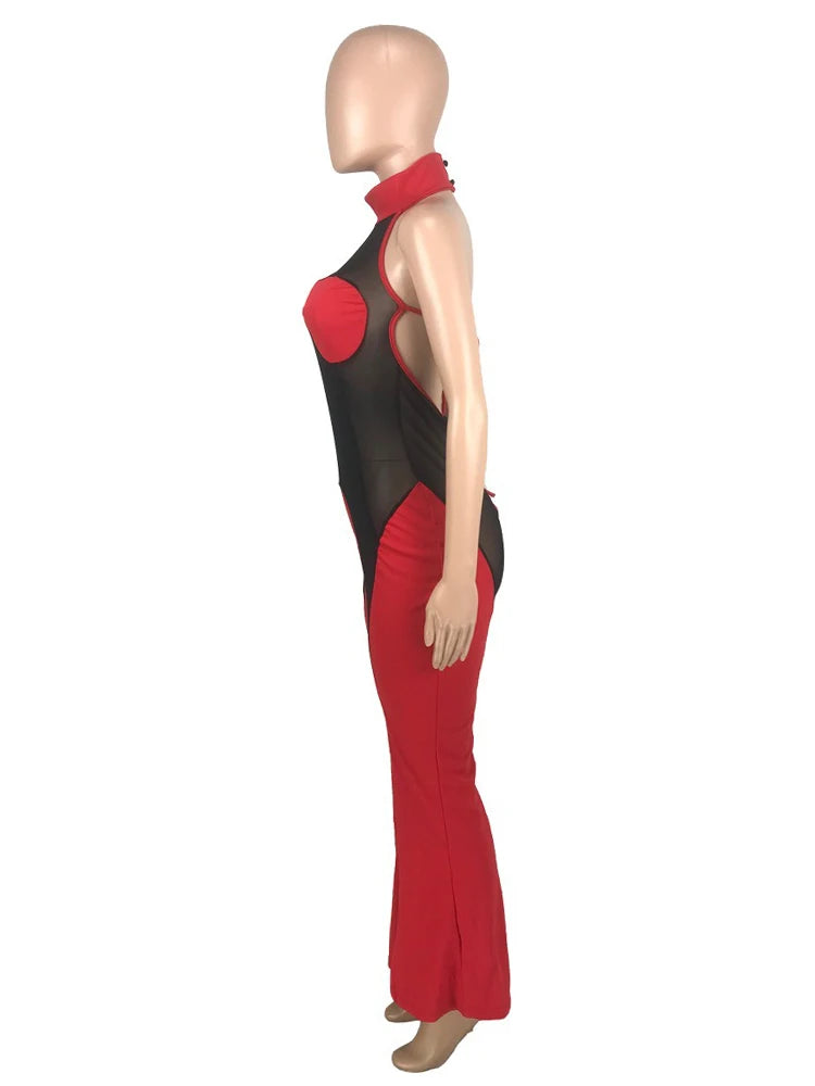 Sheer Lace Halter Flare Jumpsuit