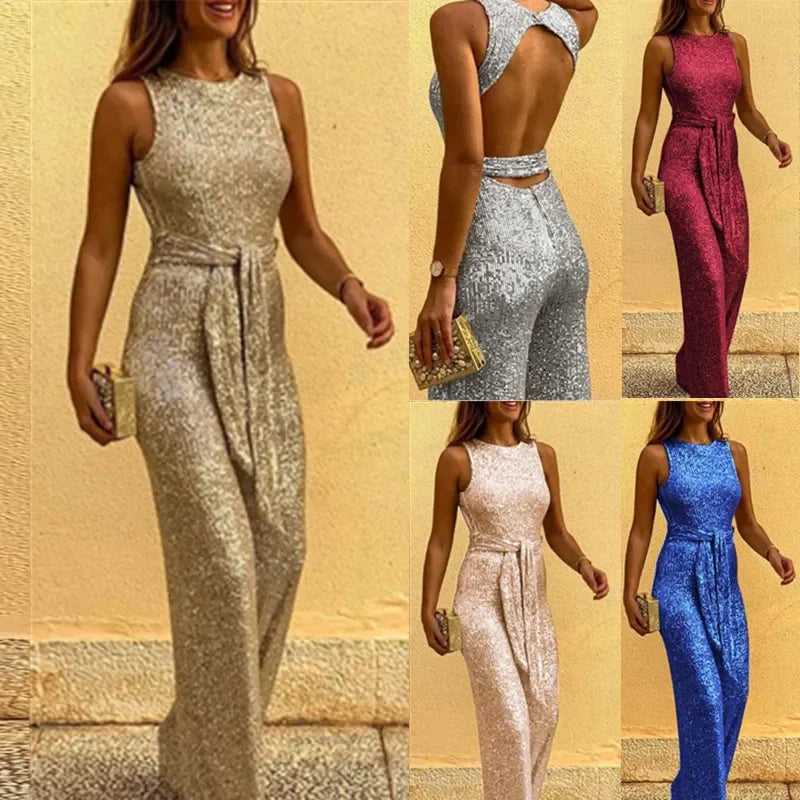 Women Jumpsuits Sexy Backless Sequins Elegant O Neck Sleeveless Lace Up Casual Rompers Glitter Party Clubwear Costume for Female