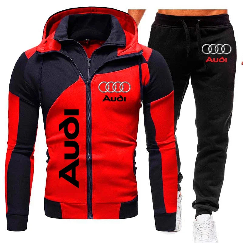 Tracksuit Audi Car Logo Print Sportswear 2 Pieces Sets Warm Fleece Clothing Hooded Sweatshirt+Pants Sport Suit Audi Men Clothing