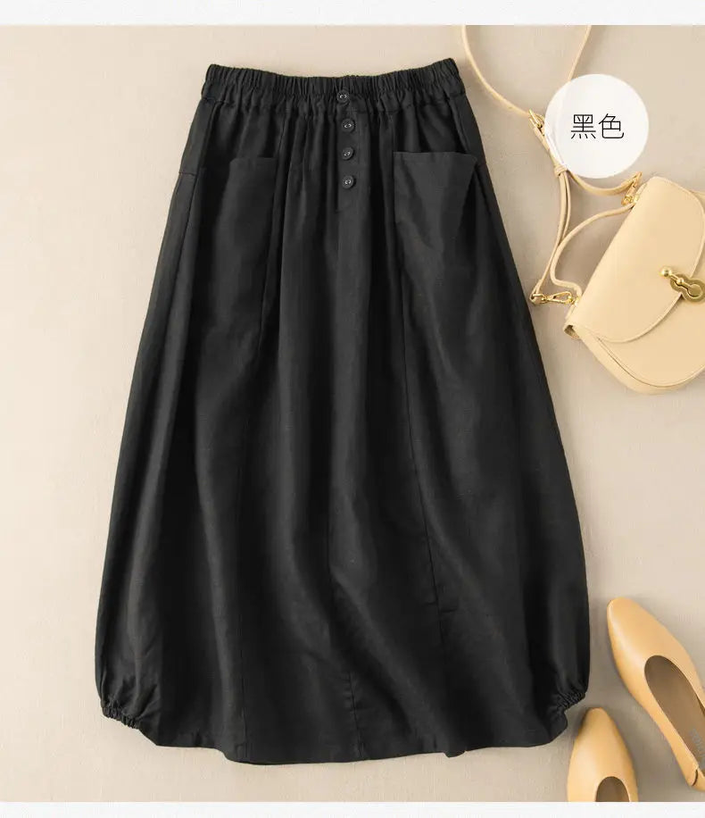 Women's Skirt Cotton Linen Casual Straight Skirts Woman Fashion 2026 Summer Loose Solid Color Button Long Skirts for Women