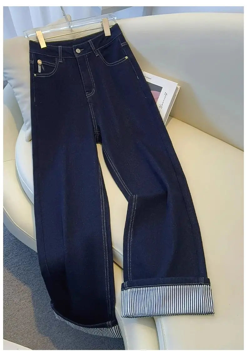 Women's Denim Jeans - Straight Leg with Striped Cuff Detail Classic Five-Pocket Design