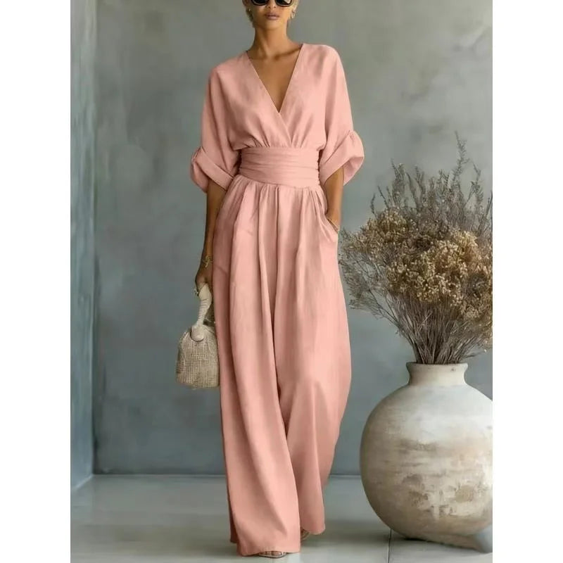 Women's Jumpsuit Fashion High Waist V-neck Casual Jumpsuits Sexy Solid Color Office Wide Leg Trousers Overalls Vacation Outfit