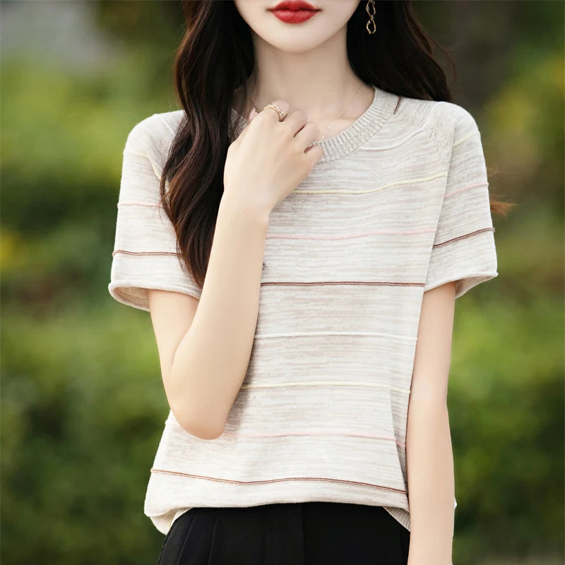 Women's T-shirts Summer New 100% Cotton Short Sleeve Casual Striped Knit Blouse Round Neck Tops Loose Pullover Tees