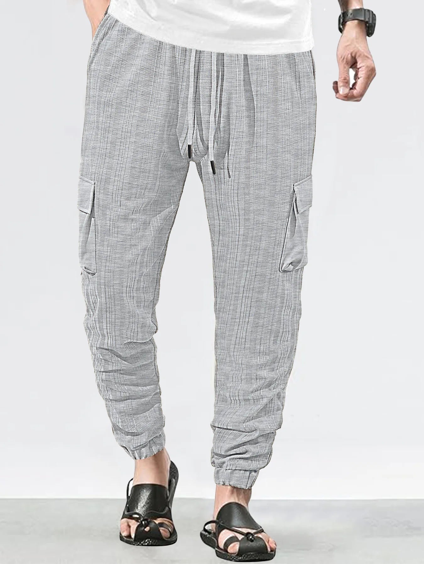 Men's Grid Cargo Joggers Drawstring Elastic Waist Multi Pocket Casual Ankle Length Trousers