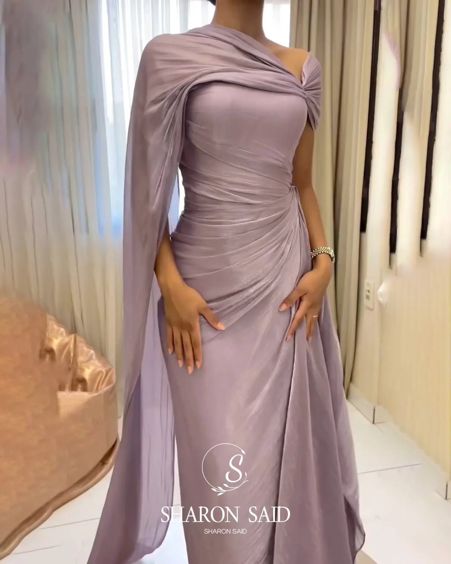 Lilac One-Shoulder Draped Evening Gown