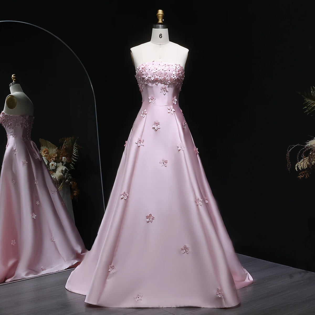 Pink Floral Strapless Evening Gown