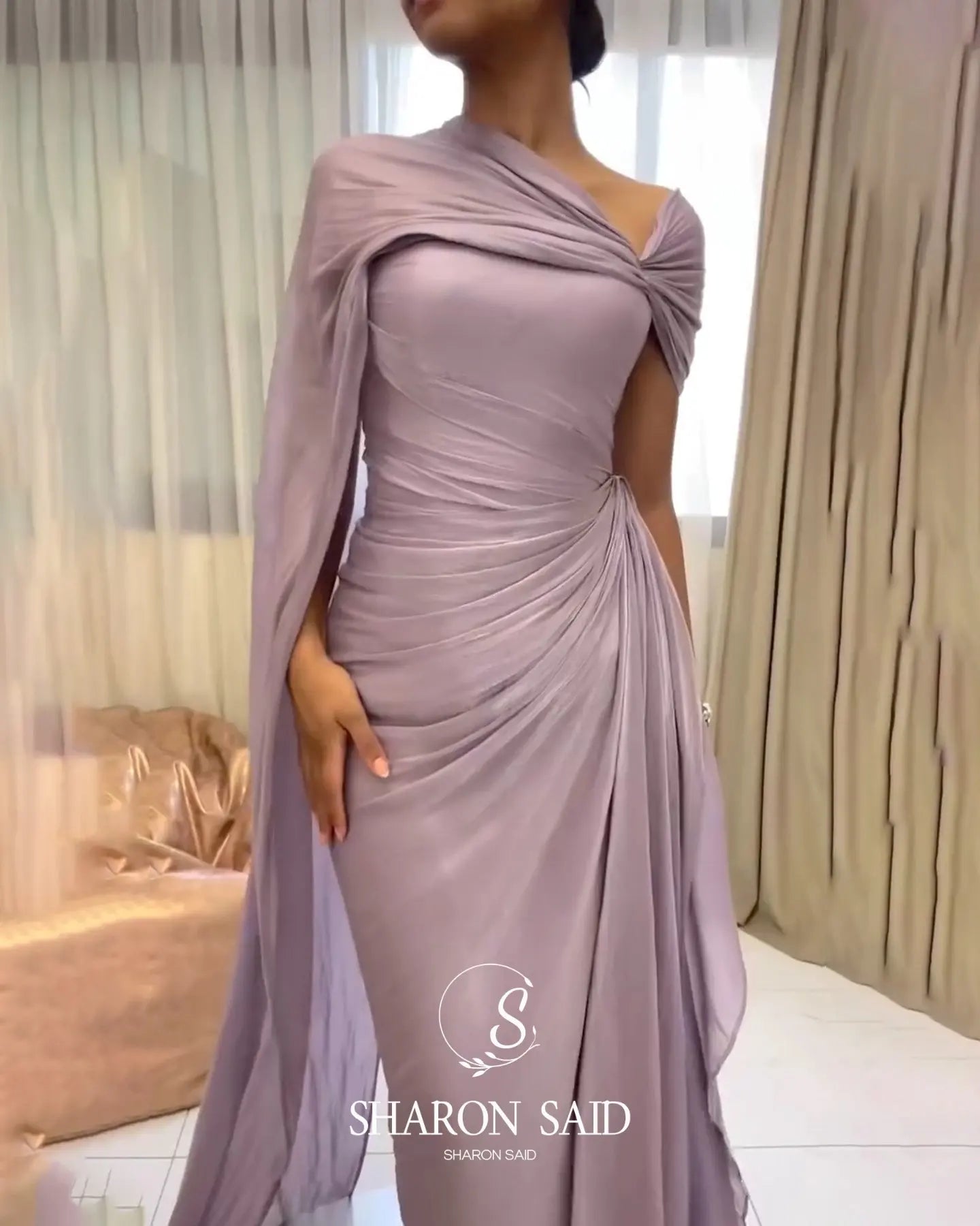 Lilac Draped One Shoulder Evening Gown