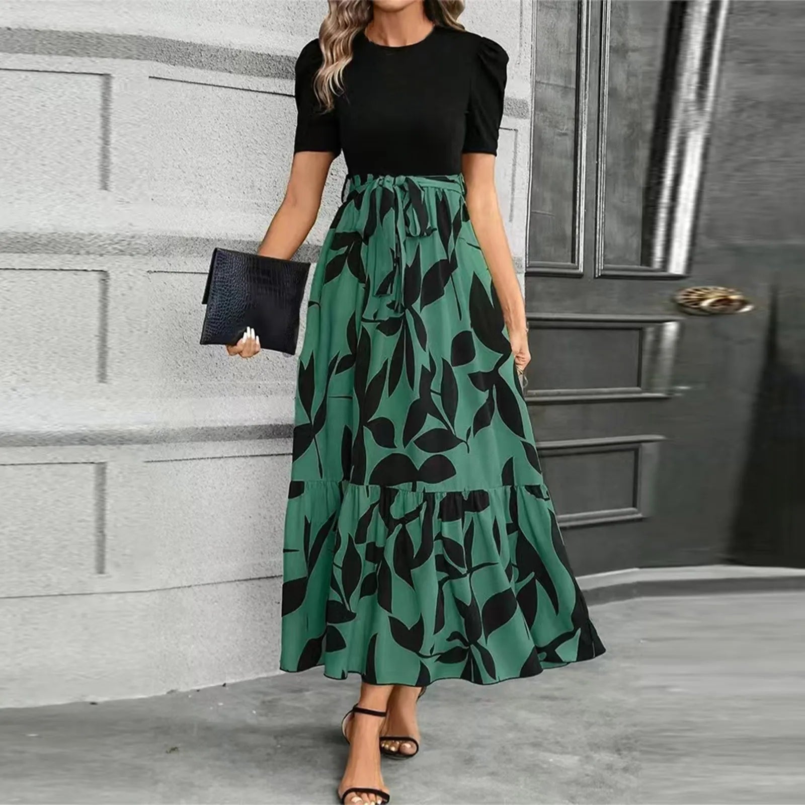 Elegant Lace-Up Ruffle Hem Dress