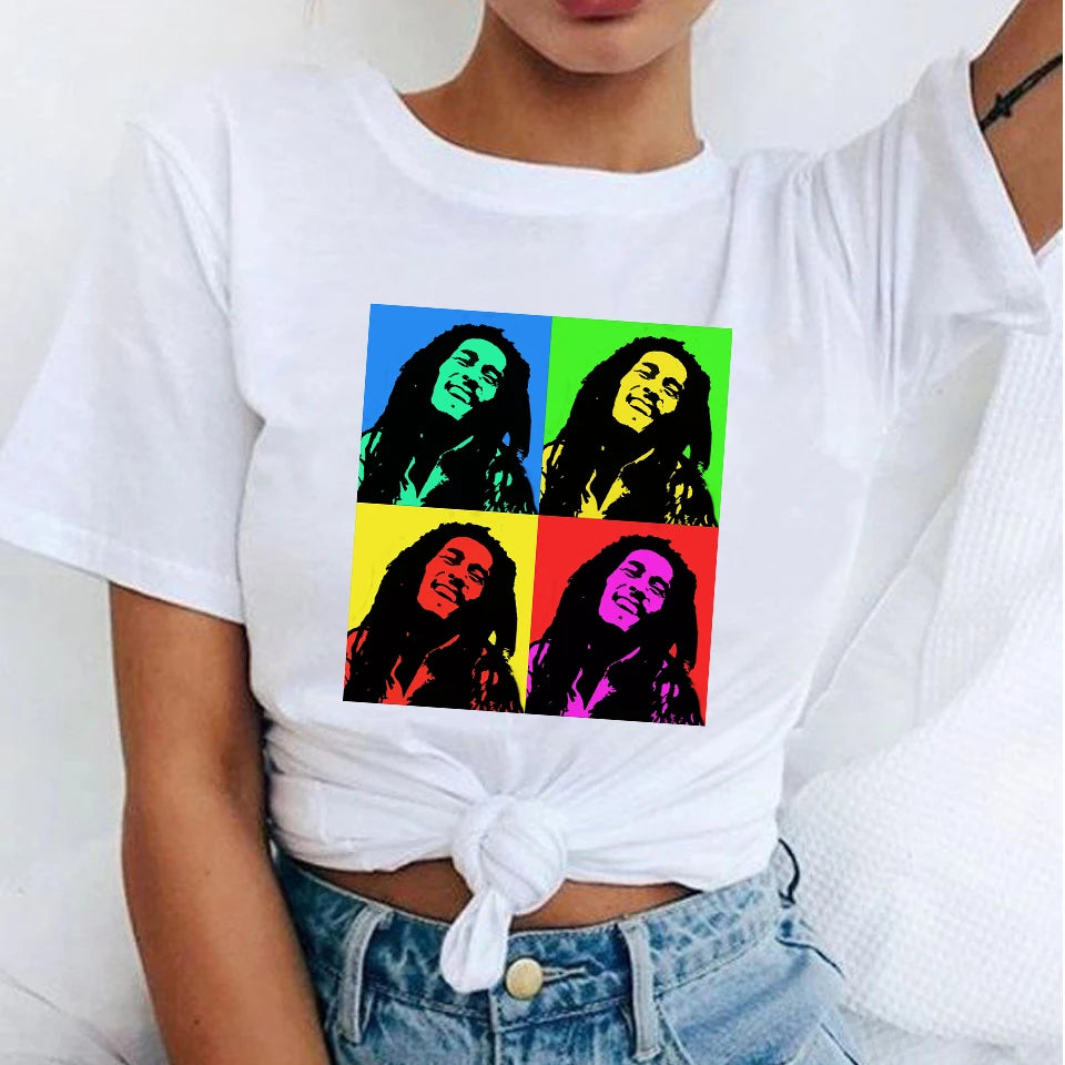 Women's Fashion T-Shirts Bob Marley Printed Casual Round Neck Graphic Tee Cute Short Sleeve T-shirts Summer Tops Harajuku Shirt
