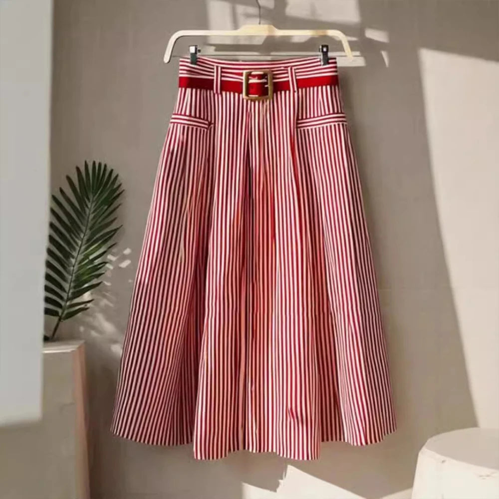 Skirts Spring Summer Retro Vintage French Stripes Midi High Waist A-Line Dating Skirts 2025 for Women