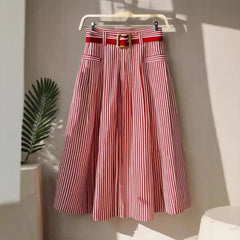 Skirts Spring Summer Retro Vintage French Stripes Midi High Waist A-Line Dating Skirts 2025 for Women