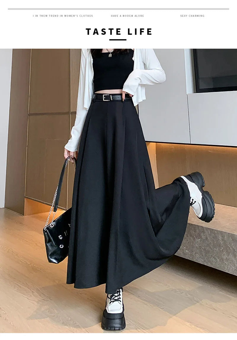 Elegant Skirts for Women Korean Style Long Skirt Female Black Pleated Midi Skirt Women's Clothing Office Lady Skirts Outfits New