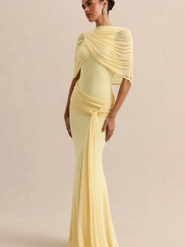Elegant Mermaid Evening Dress Draped Detachable Cape Sleeveless Bodycon Maxi Gown Wedding Party Elegant Draped Formal Dress