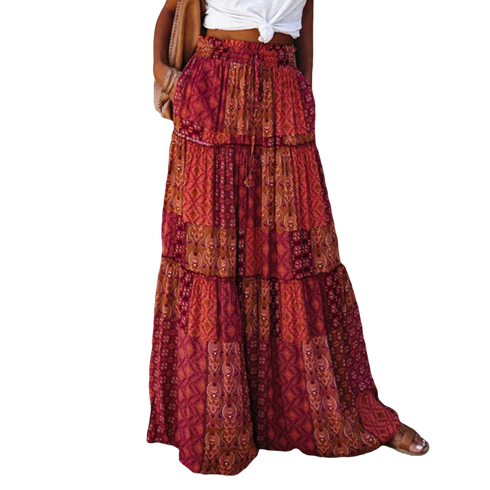 Women's Bohemian Skirts Vintage Elastic High Waist A-Line Skirts Tiered Long Skirts with Pockets