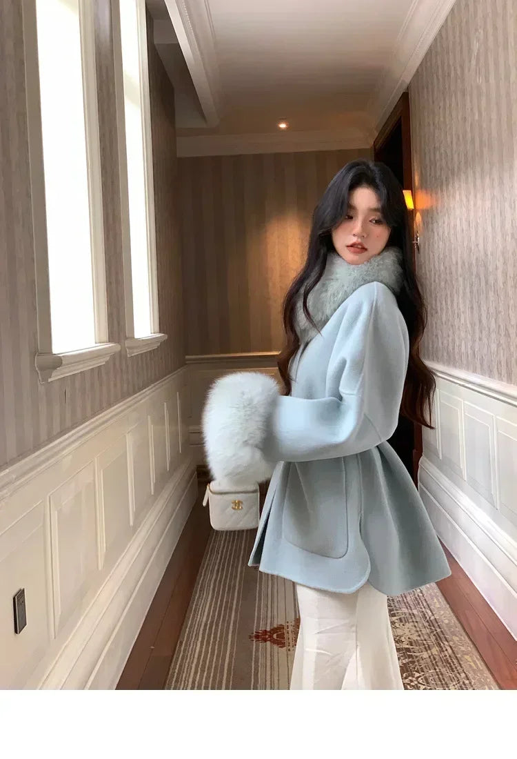 Luxury Wool Fur Winter Long Coat