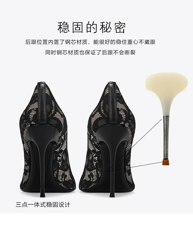 Black Lace High Heels for Women, 2026 New Slim Heel Pointed Sexy Versatile French Spring and Summer Breathable Single Shoes