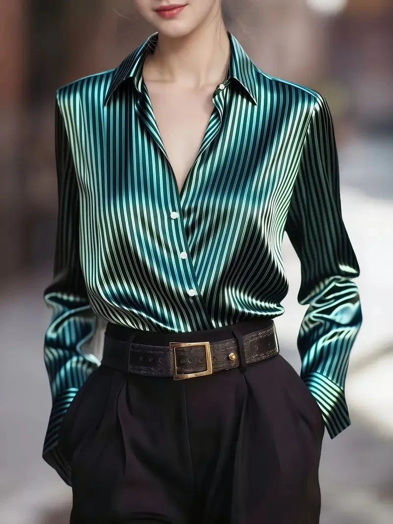 Lady Striped Shirt Fashion Long Sleeve Turn-down Collar Button Shirts Tops For Women Casual Office Holiday Spring Autumn Clothes