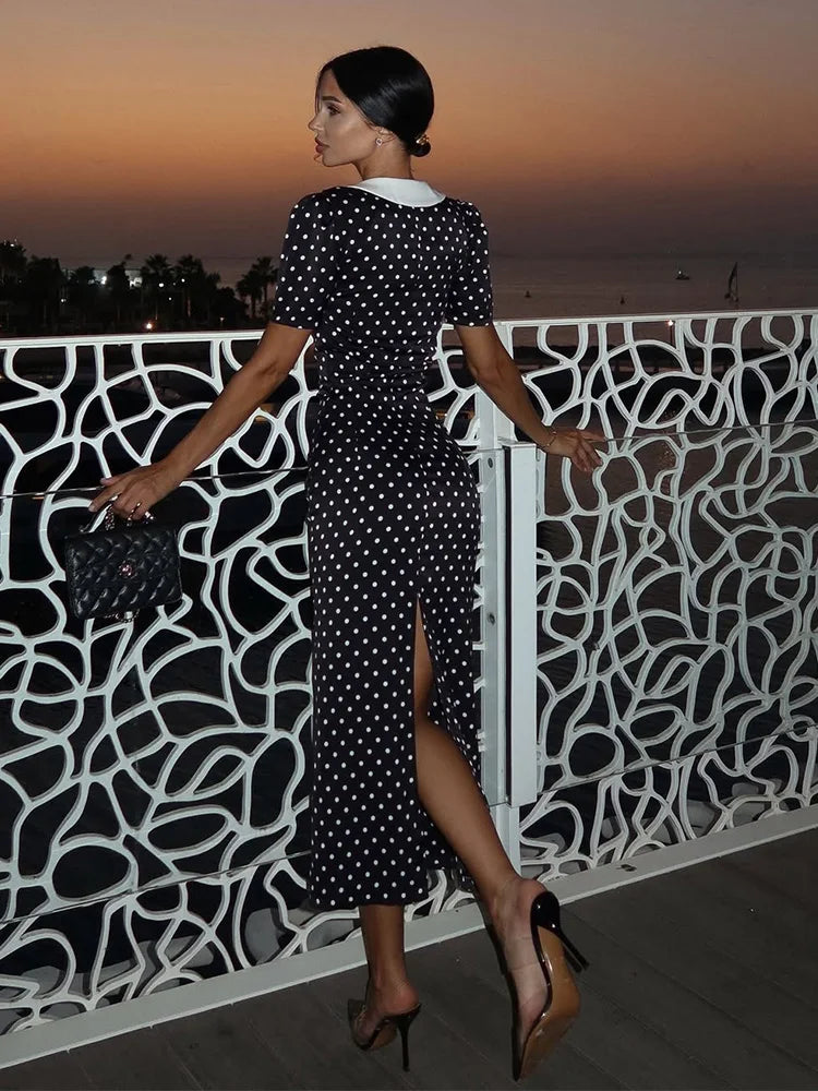 Dot Printed Dresses For Women Fashion Sexy Streetwear Short Sleeves Sheath Turn Down Collar V-Neck Long Vestidos Robes Female