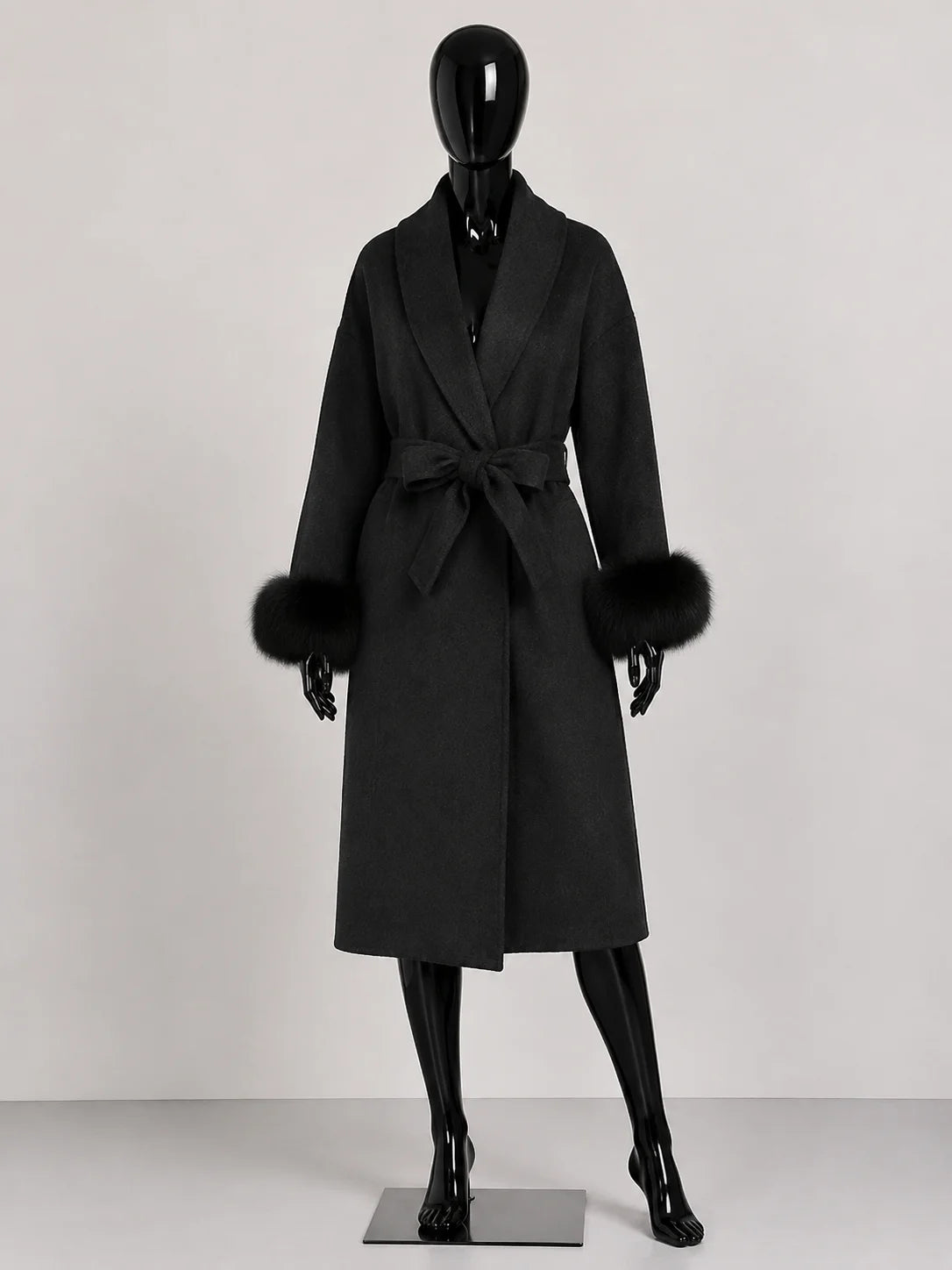 Women's Wool Coat with Fur Cuffs Minimalist Soft Wool High Fashion Belted Winter Fur Trim Coat Old Money Style Natural Fur Coat