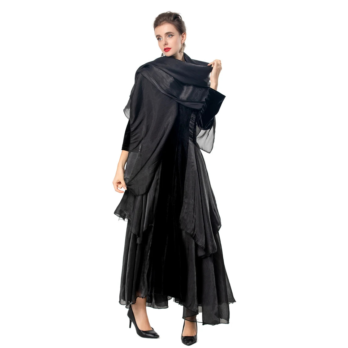 Velvet Ruffle V-Neck Evening Dress