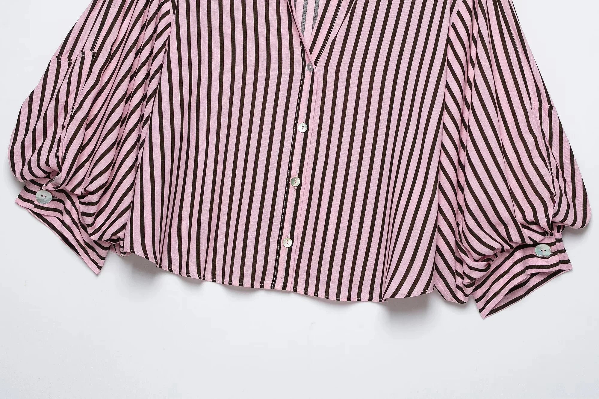 Women Striped Shirts For Women Vintage Elegant Puff Sleeve Summer New High Street Clothes Leisure Single-breasted Lapel Blouse