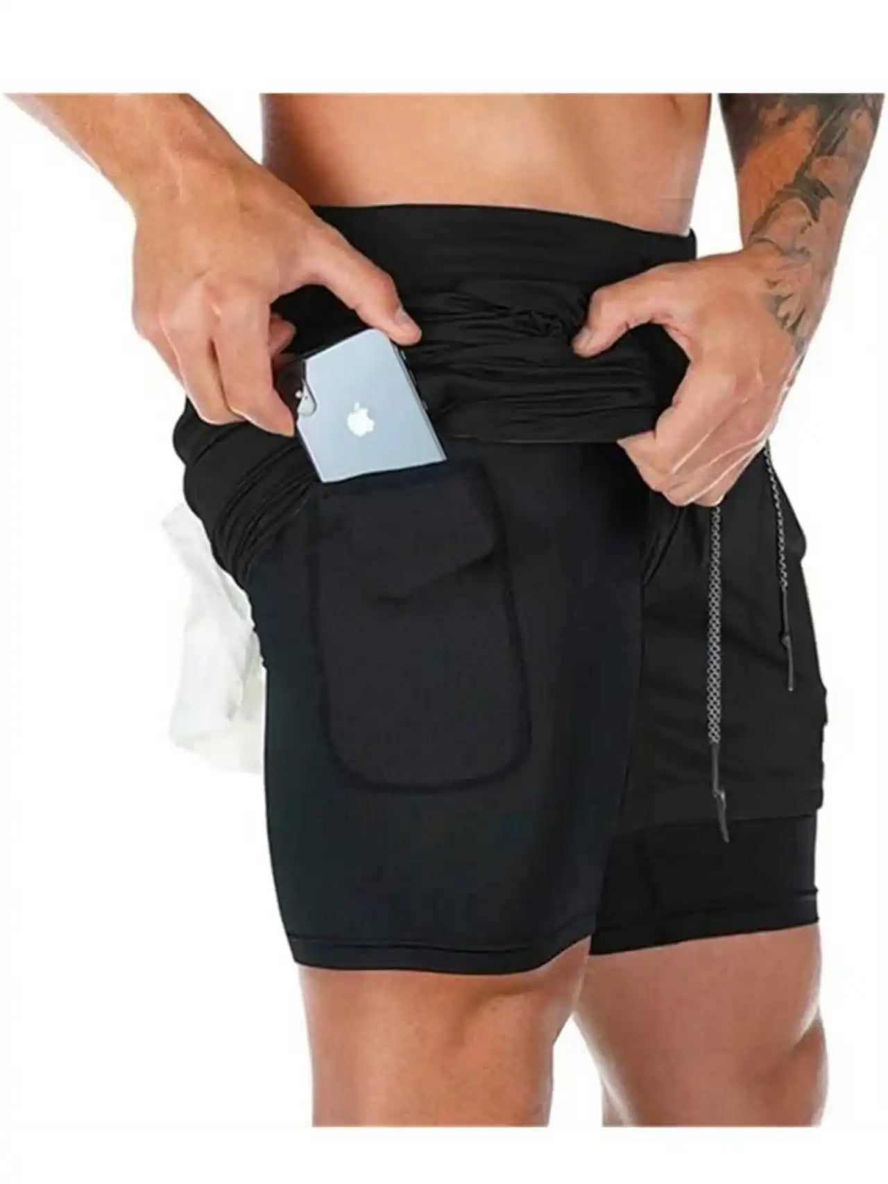 Print 2in1 Running Shorts for Men Gym Workout Compression Shorts with Phone Pocket Towel Loop Summer Sport Athletic Activewear