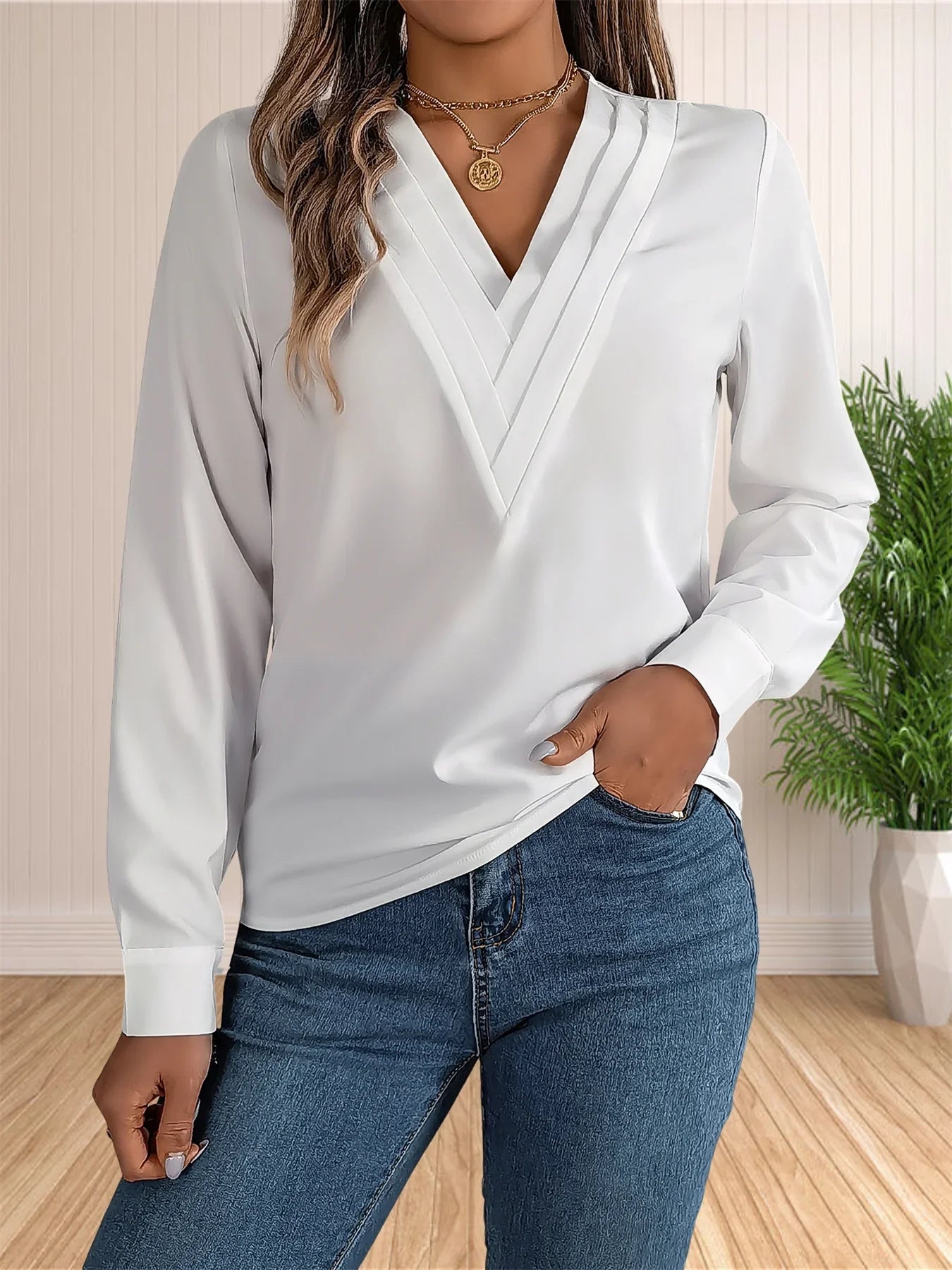 Elegant Layered V-Neck Work Blouse