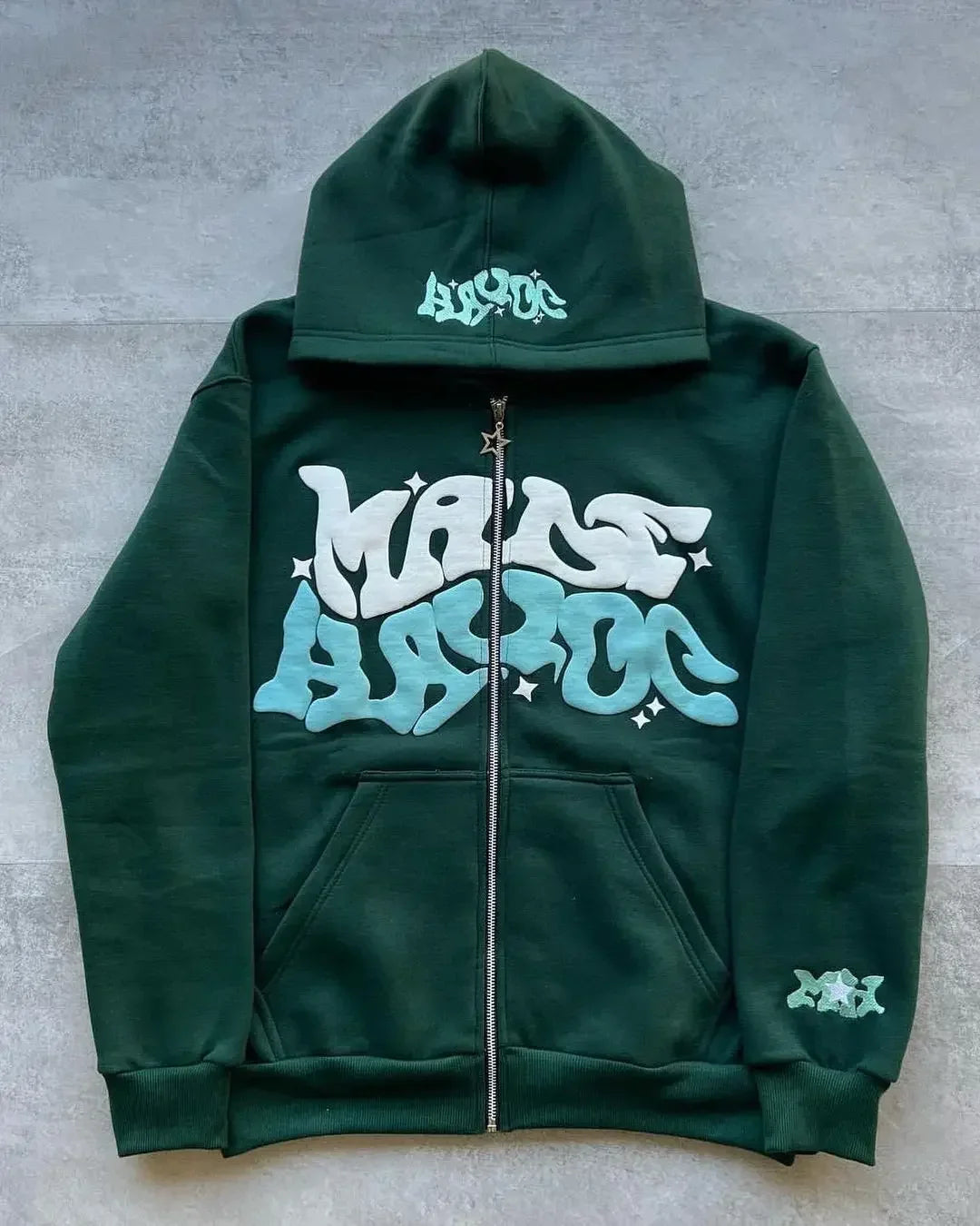 Hooded zipper hoodie with retro American-style letters, unisex, suitable for pairing with a millennial-style jacket