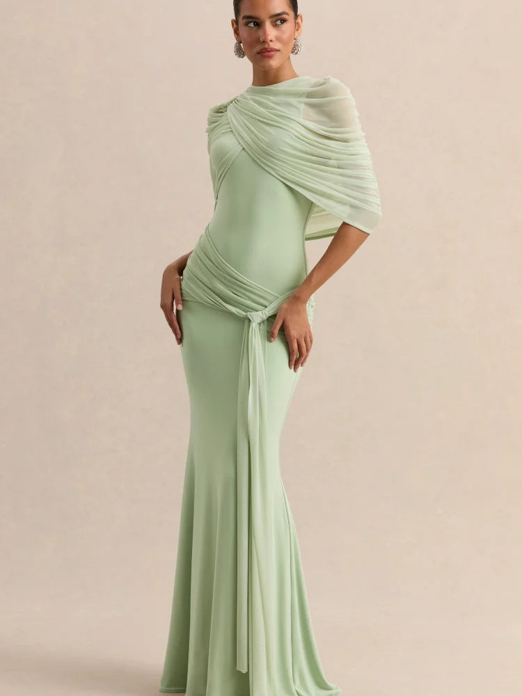 Elegant Mermaid Evening Dress Draped Detachable Cape Sleeveless Bodycon Maxi Gown Wedding Party Elegant Draped Formal Dress