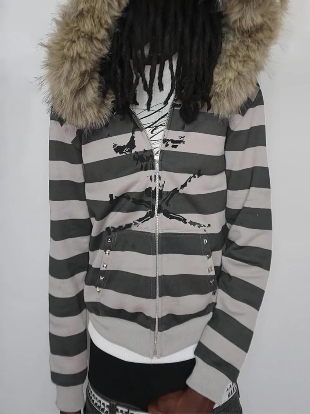 Hoodie with leather collar suitable both men and women striped printed long sleeved loose hooded sports hoodie punk Y2K daily