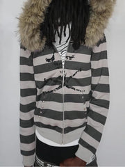 Hoodie with leather collar suitable both men and women striped printed long sleeved loose hooded sports hoodie punk Y2K daily