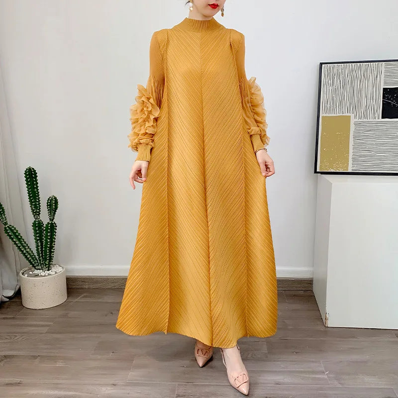 Women Elegant Evening Party Dresses 2025 Summer New Solid Colour Classic Long Sleeve Plate Flower Design Prom Dresses Female