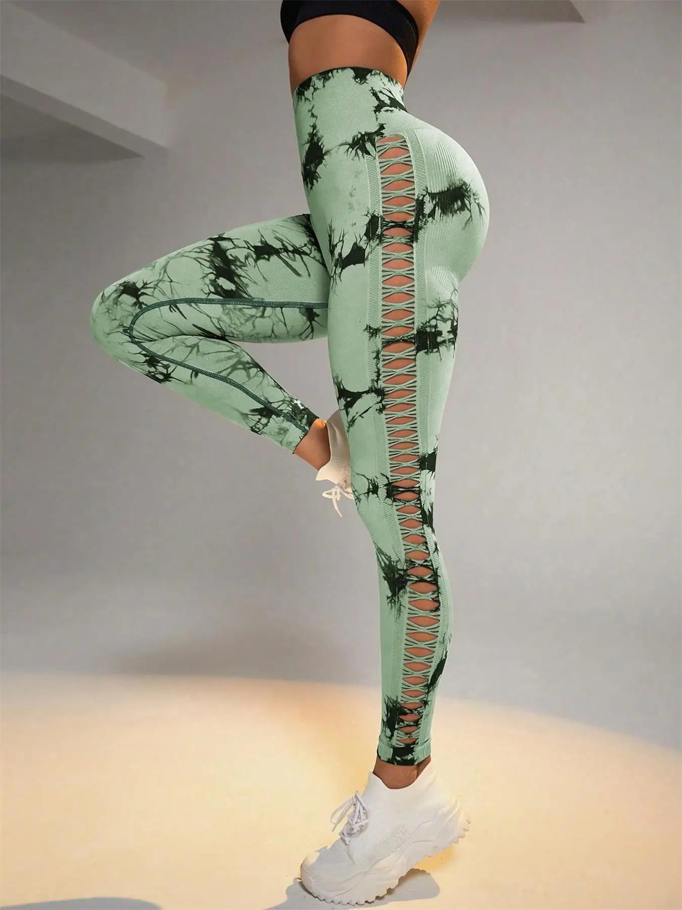 Women's Sporty Tie-Dyed Side-Cut Yoga Pants, Fashionable High-Waisted Hip-Lifting Sports Pants, Seamless Stretch Tight Pants