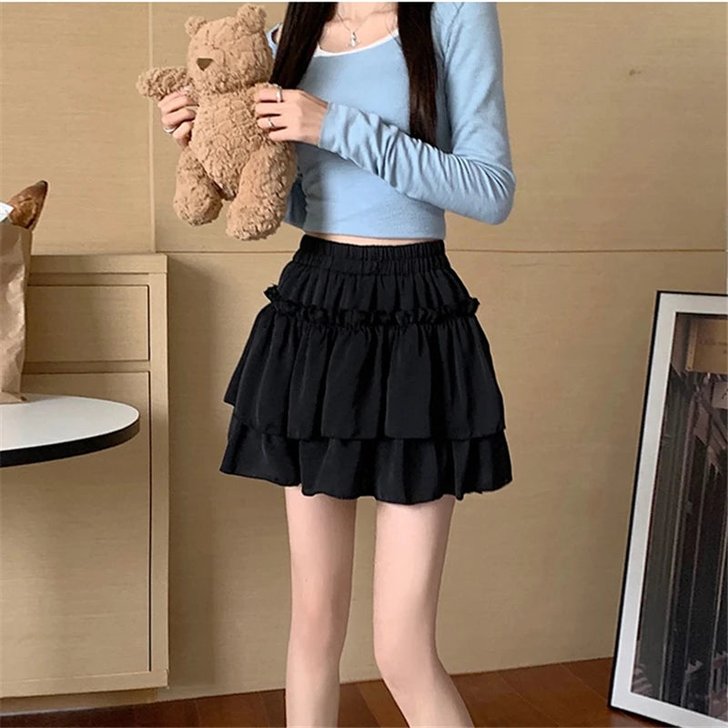 Summer Kawaii White Ruflles Skirt Women Fashion Slim Fit Chiffon Mini Skirts Giris Y2k All Match Elastic High Waist Black Faldas