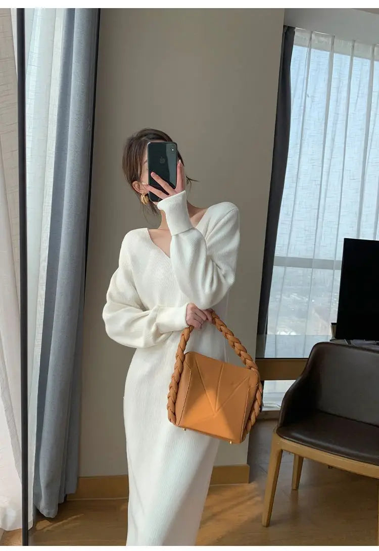 French Knit V-Neck Midi Dress