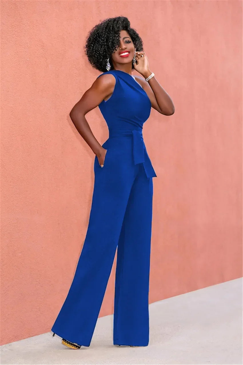 Elegant Skew Collar Belted Jumpsuit