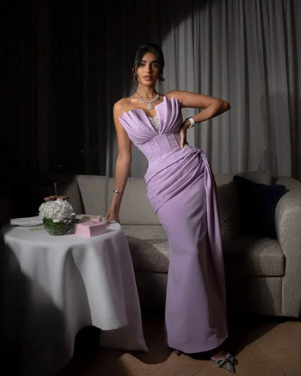 Elegant Party Dresses 2026 Women's Formal Evening Gowns Lilac Satin Corset Draped Ruffle Sparkly Bust Mermaid Prom Dresses