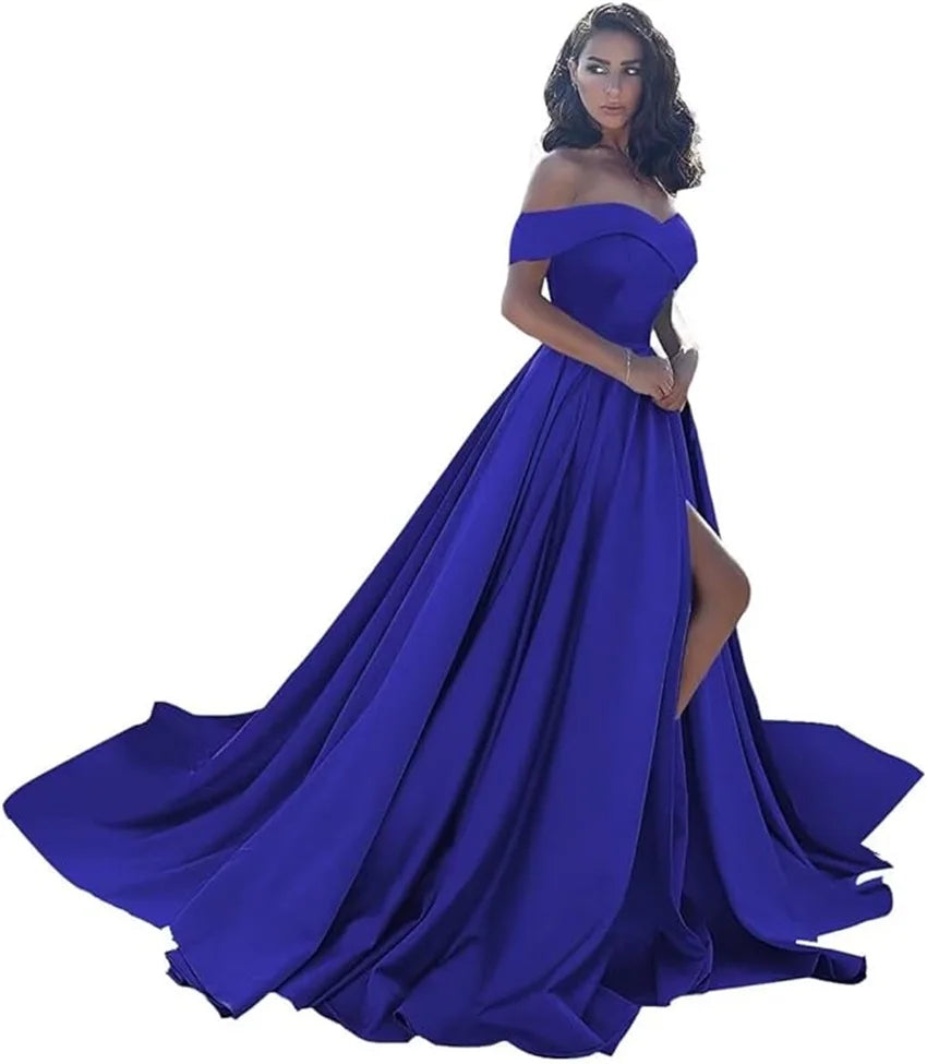 Simple Off Shoulder Satin Evening Gown