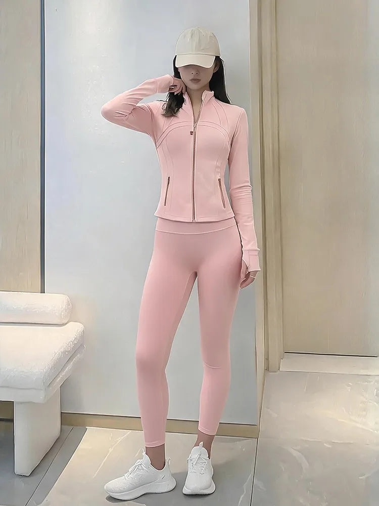 Women's Yoga Set Stand Collar Zip Jacket, Slim Fit Long Sleeve Sports Fitness Yoga Wear
