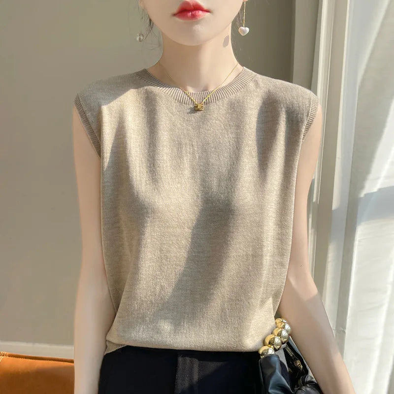 Women Tops Knitted Tank Tops O-neck Sleeveless Bottoming Shirts Spring Summer Tank Top Solid Soft Korean Fashion Lady Knit Top