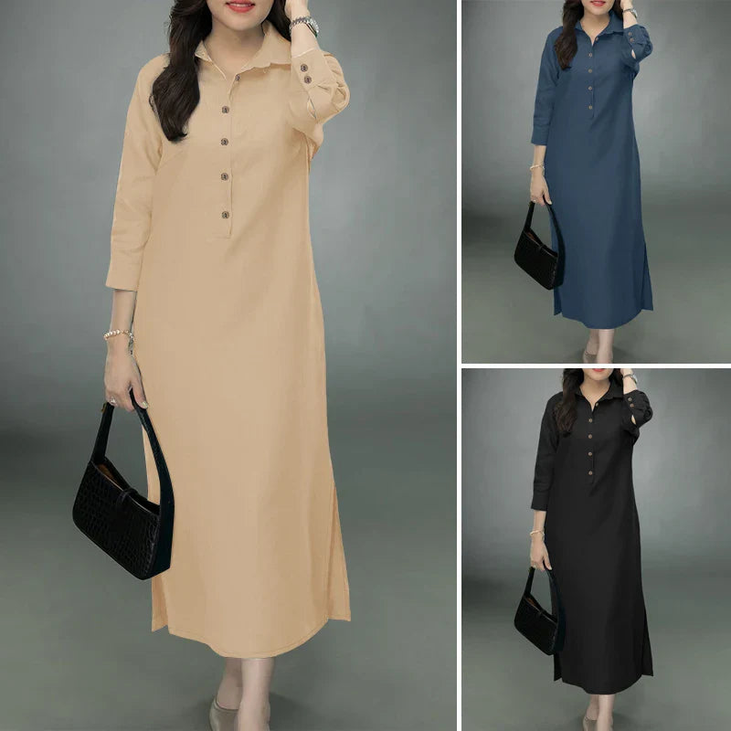 Elegant Lapel Solid Midi Dress