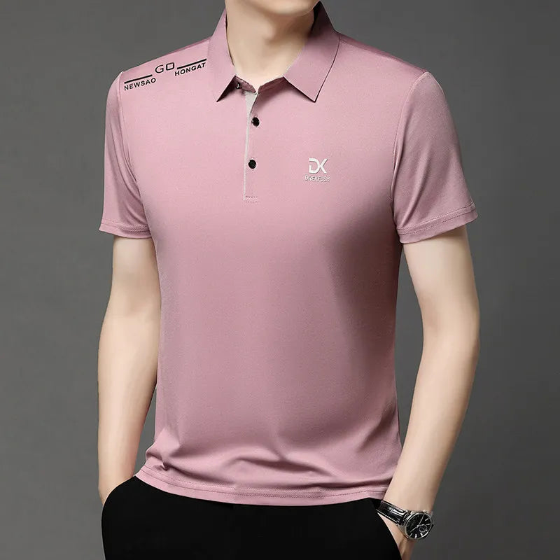 Men's Business Casual Short Sleeve Polo Shirt Solid Color with Badge Fashionable Breathable Comfortable Versatile Business Top